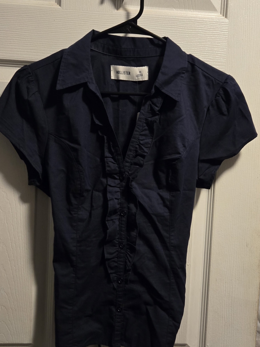 Hollister Navy Short-Sleeve Ruffle Button-Down Shirt